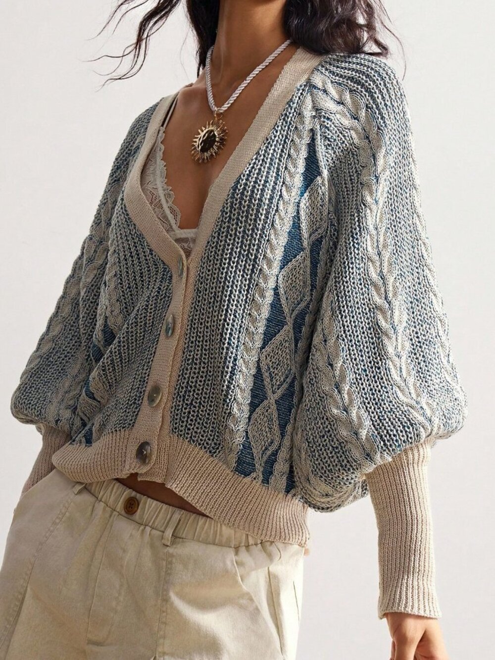 Blue Casual Women's Minimalist Lantern Sleeve Single-Breasted Knit Cardigan - Picture 6 of 8